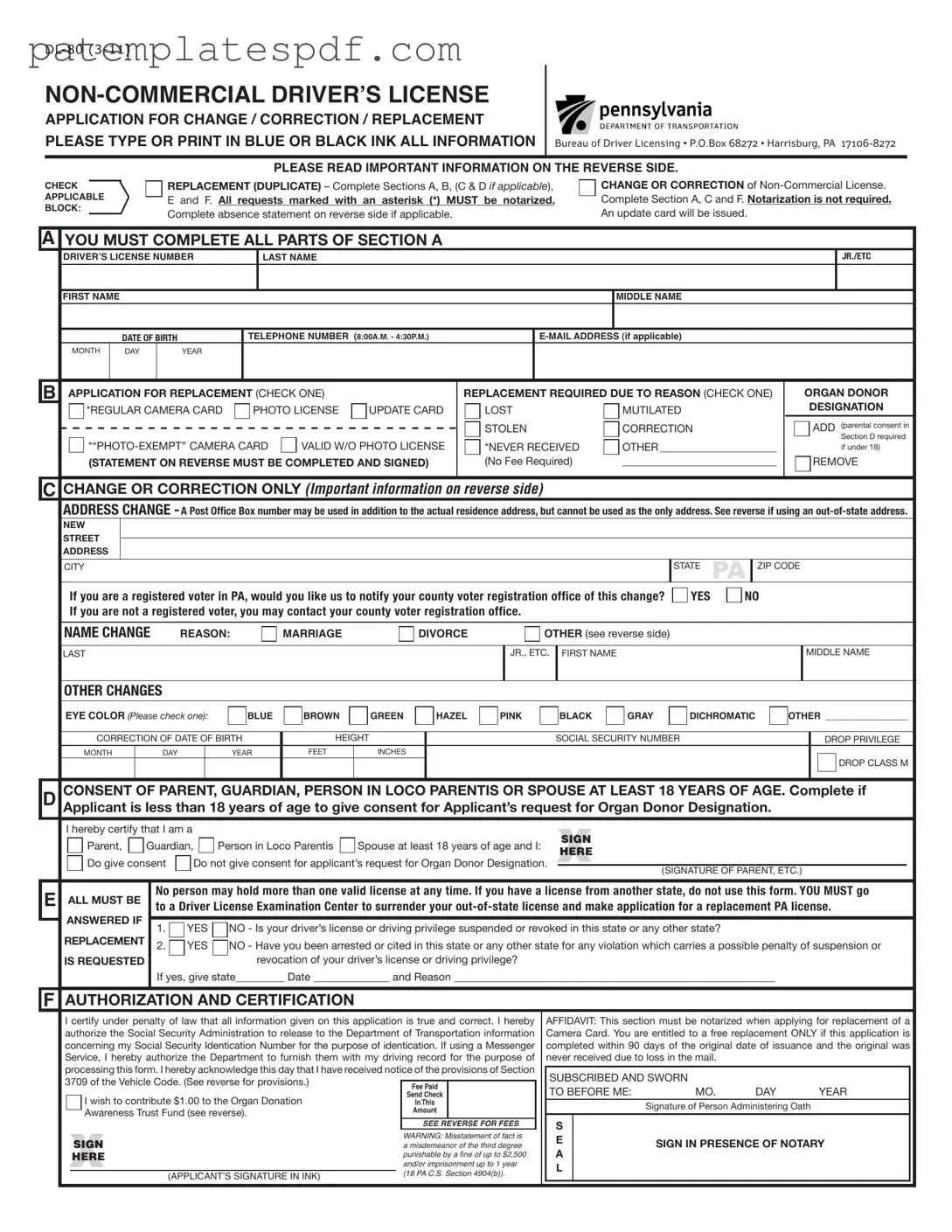 Dl 80 Pennsylvania PDF Form
