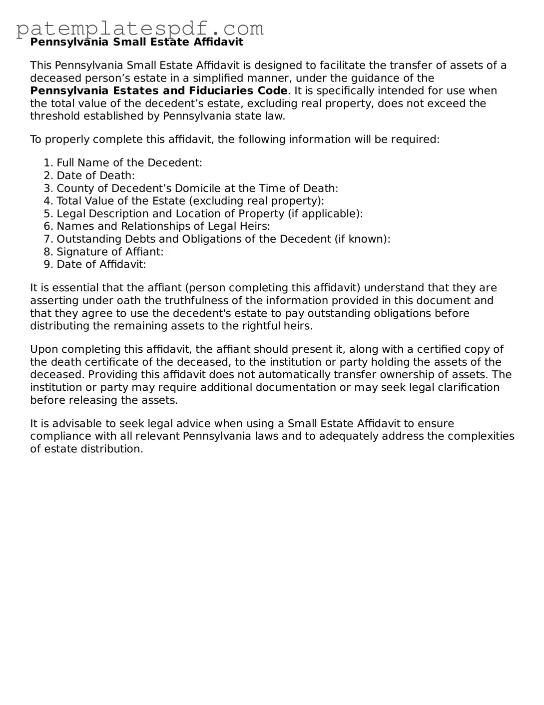 Printable  Small Estate Affidavit Template for Pennsylvania
