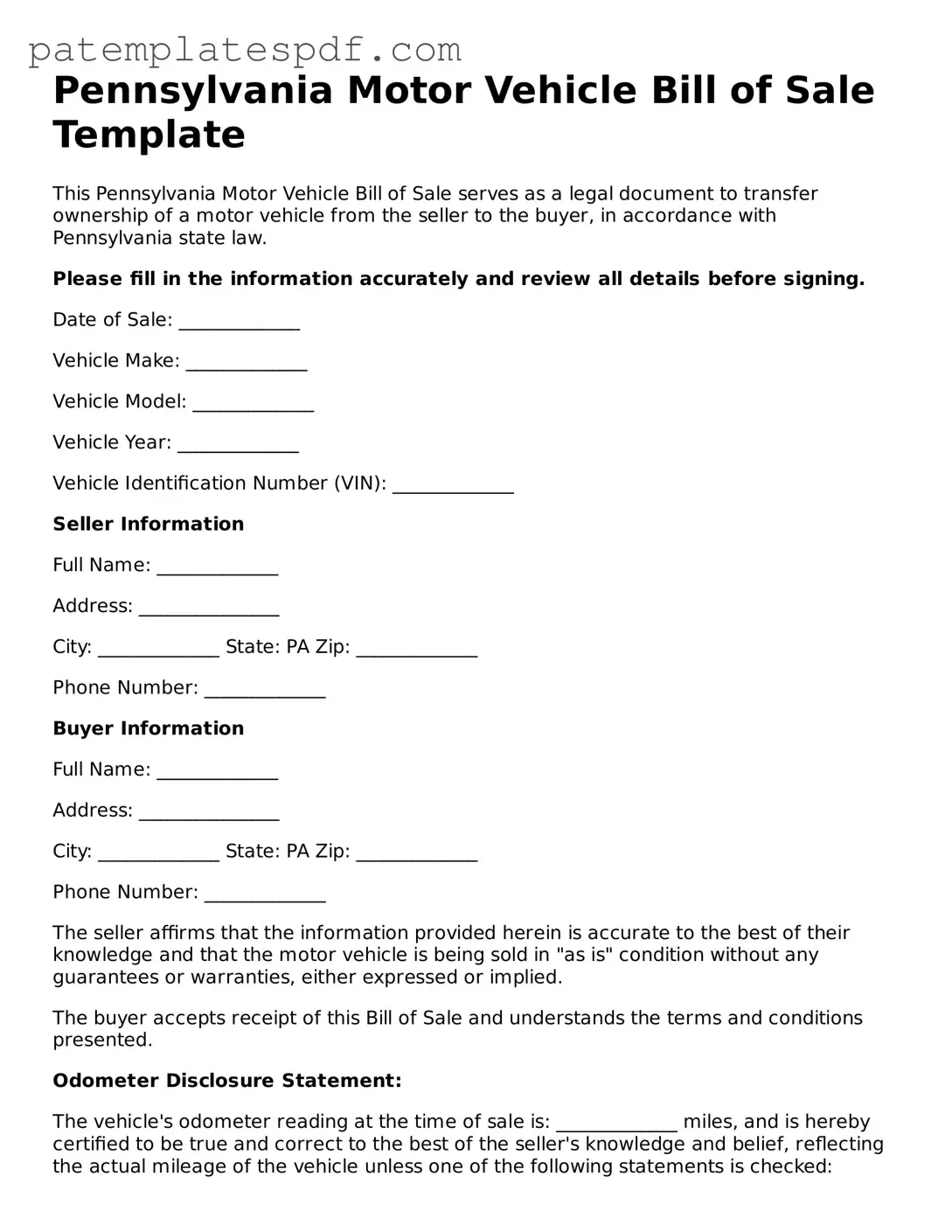 Printable  Motor Vehicle Bill of Sale Template for Pennsylvania