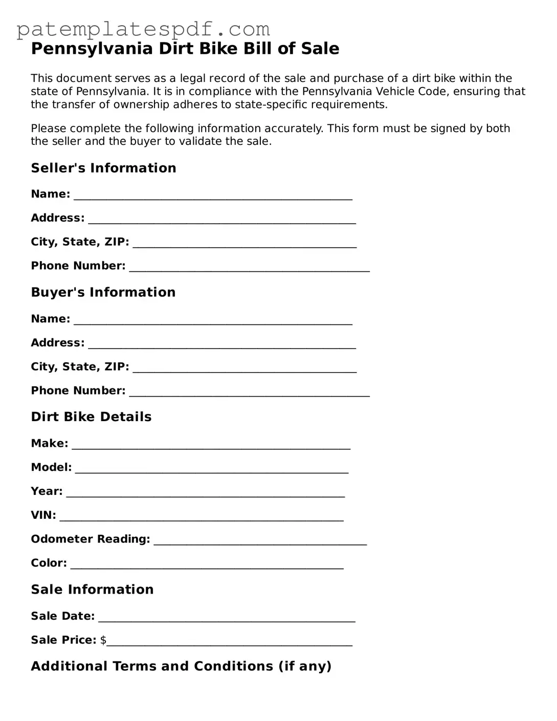 Printable  Dirt Bike Bill of Sale Template for Pennsylvania