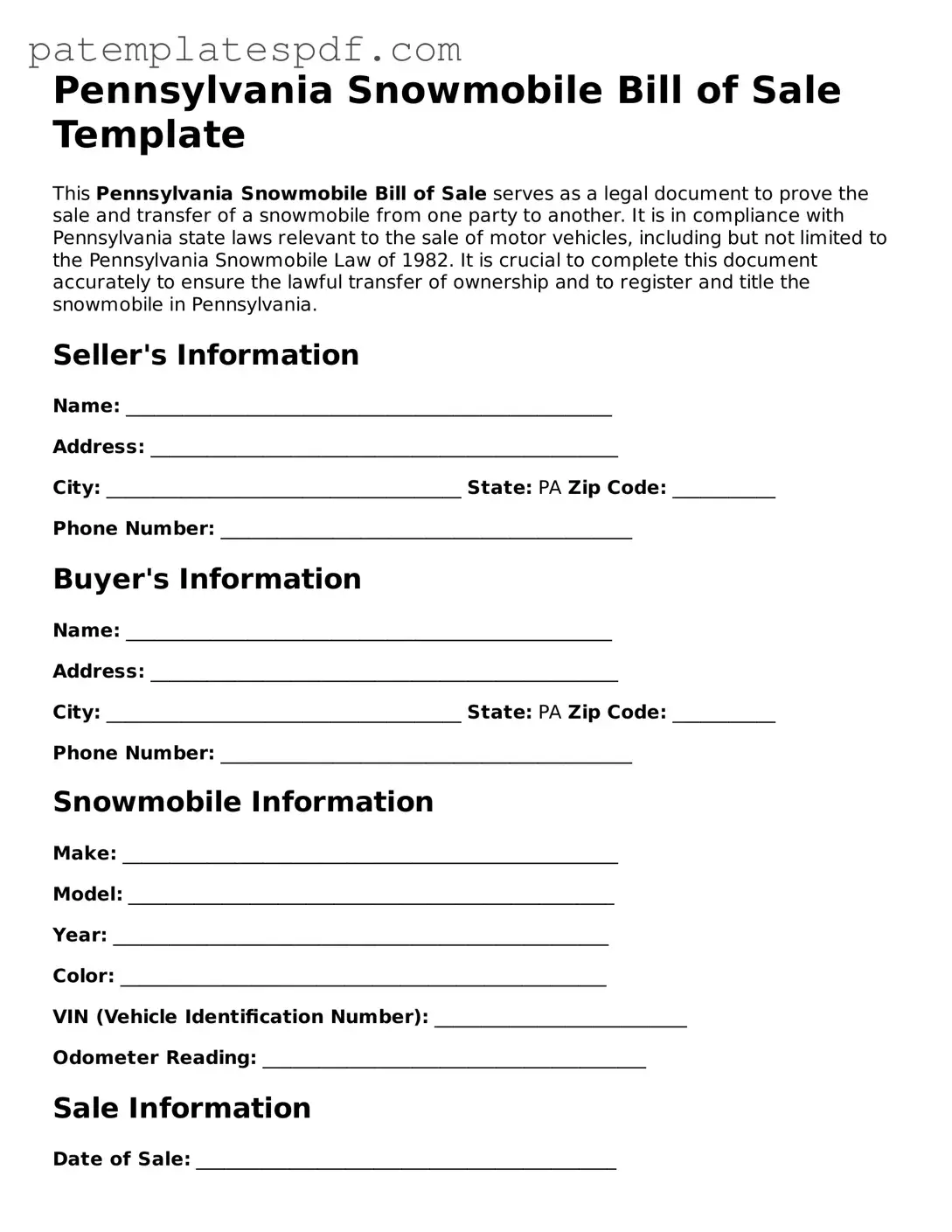 Printable  Snowmobile Bill of Sale Template for Pennsylvania