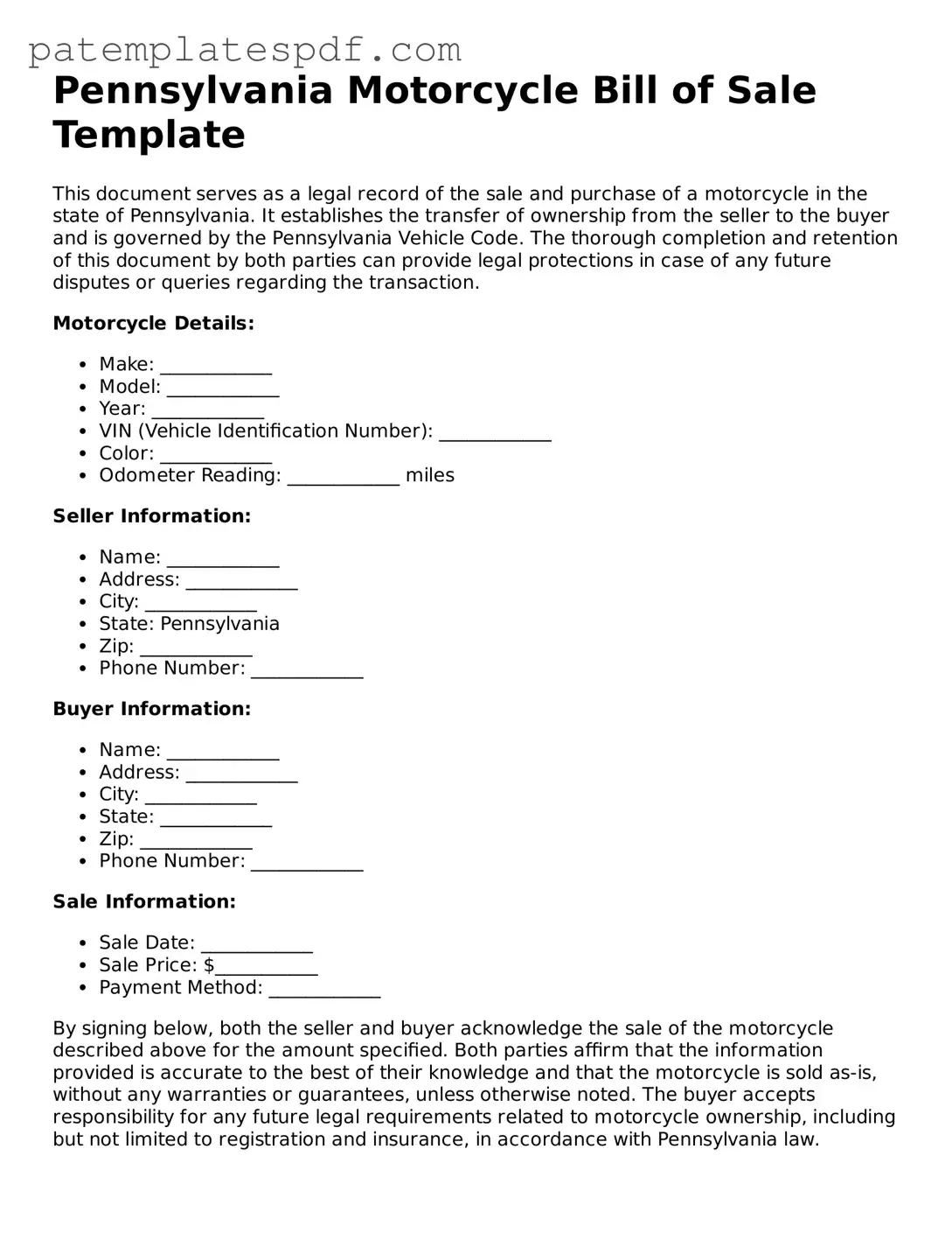 Printable  Motorcycle Bill of Sale Template for Pennsylvania