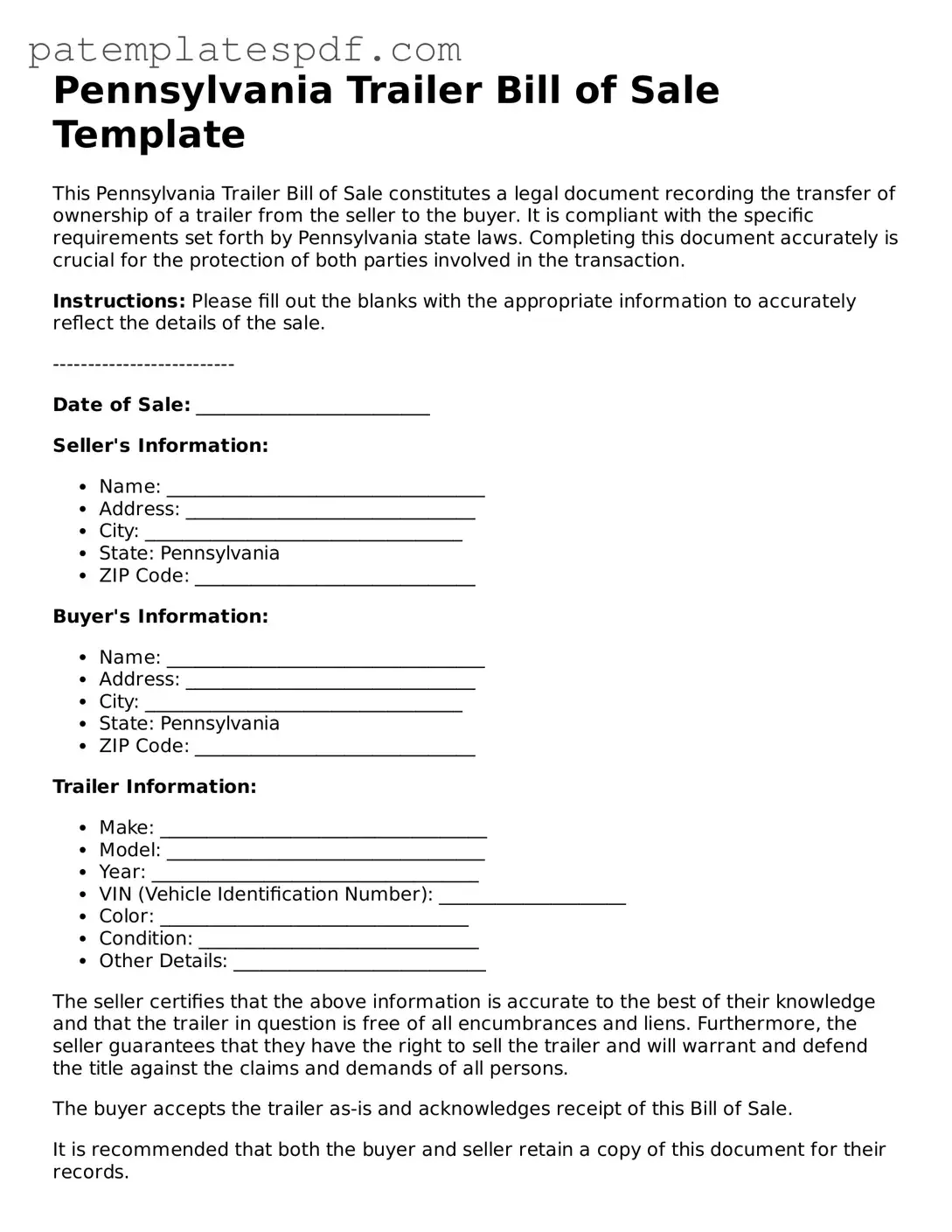 Printable  Trailer Bill of Sale Template for Pennsylvania