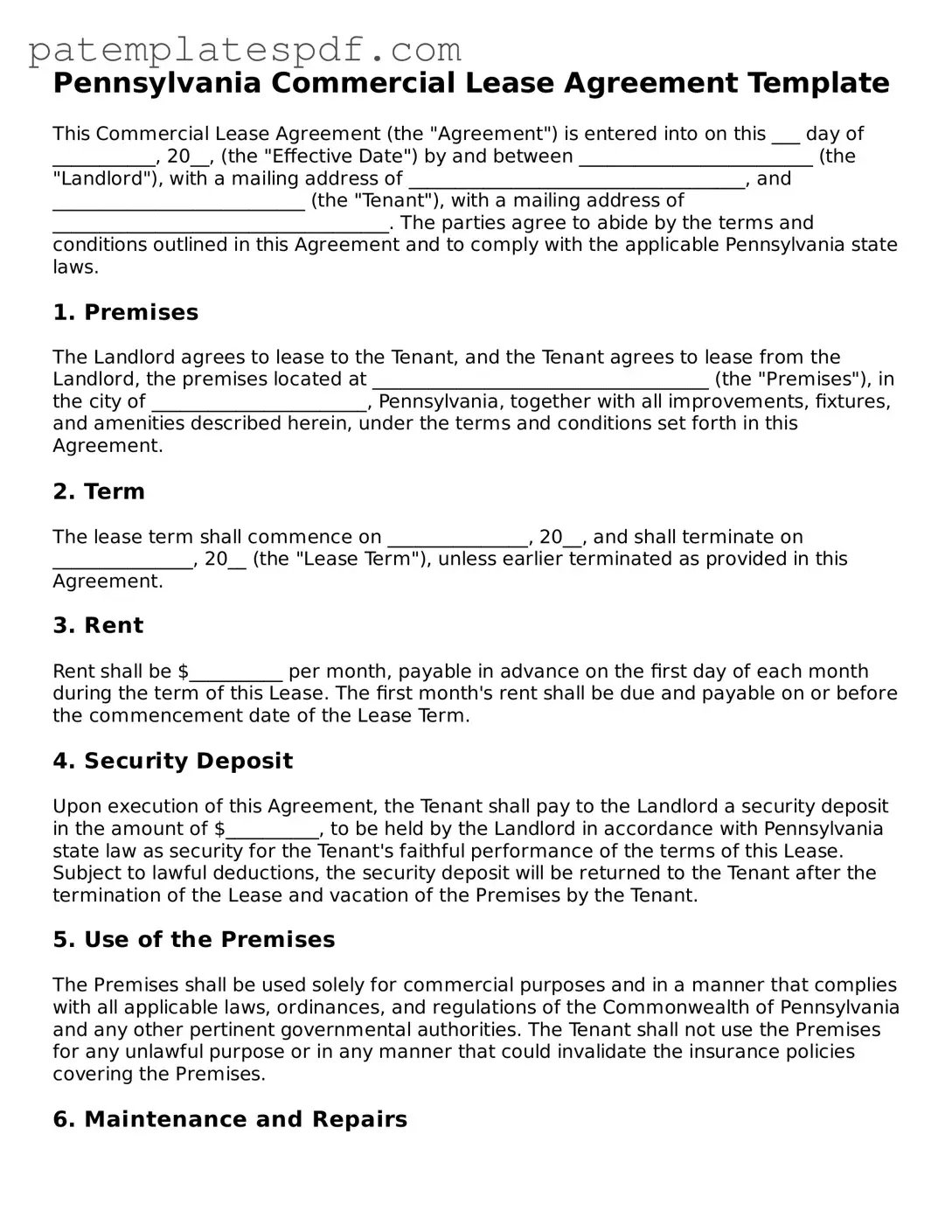 Printable  Commercial Lease Agreement Template for Pennsylvania