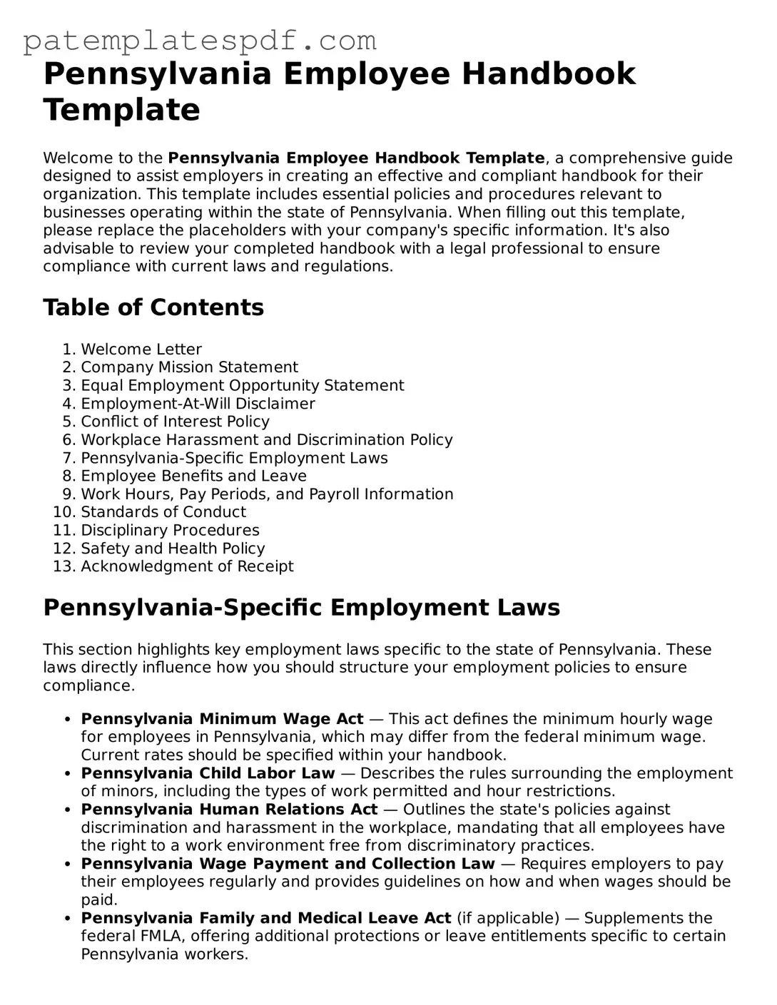 Printable  Employee Handbook Template for Pennsylvania