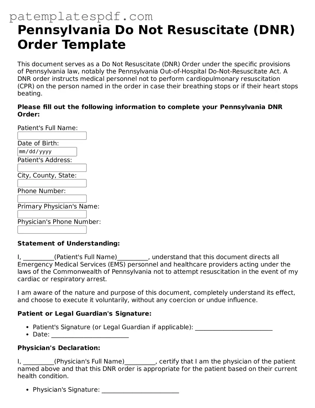 Printable  Do Not Resuscitate Order Template for Pennsylvania