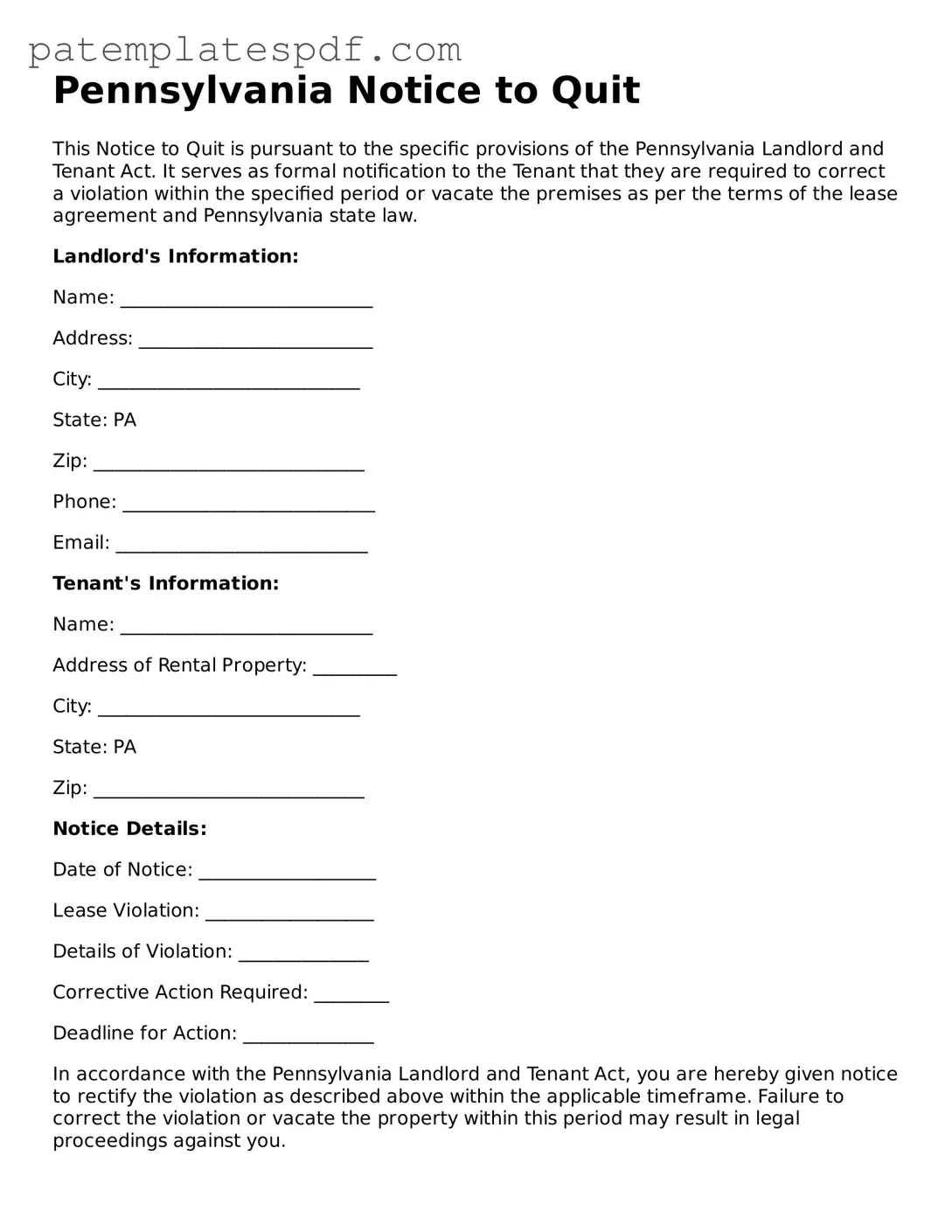 Printable  Notice to Quit Template for Pennsylvania