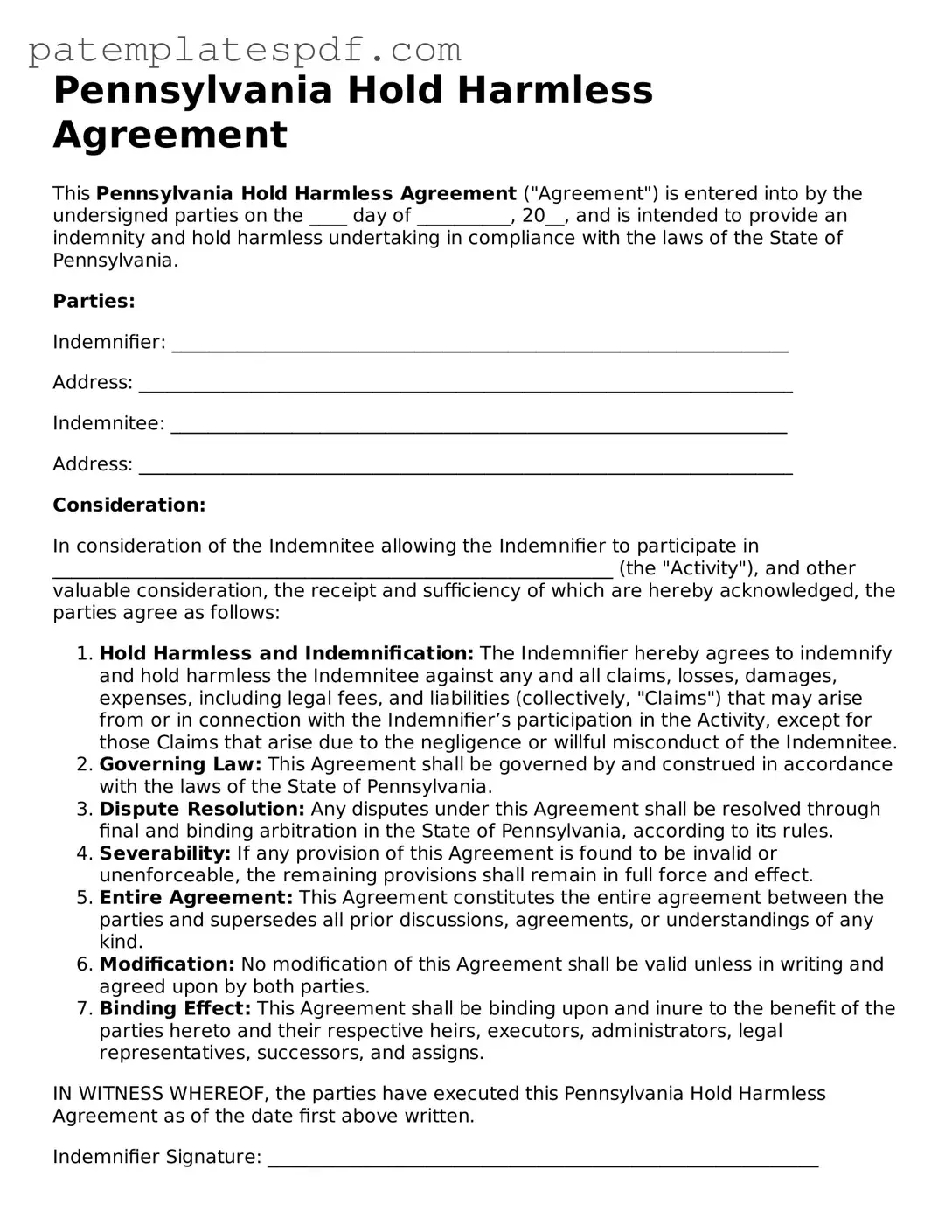 Printable  Hold Harmless Agreement Template for Pennsylvania