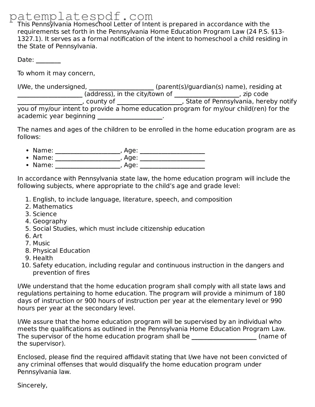 Printable  Homeschool Letter of Intent Template for Pennsylvania