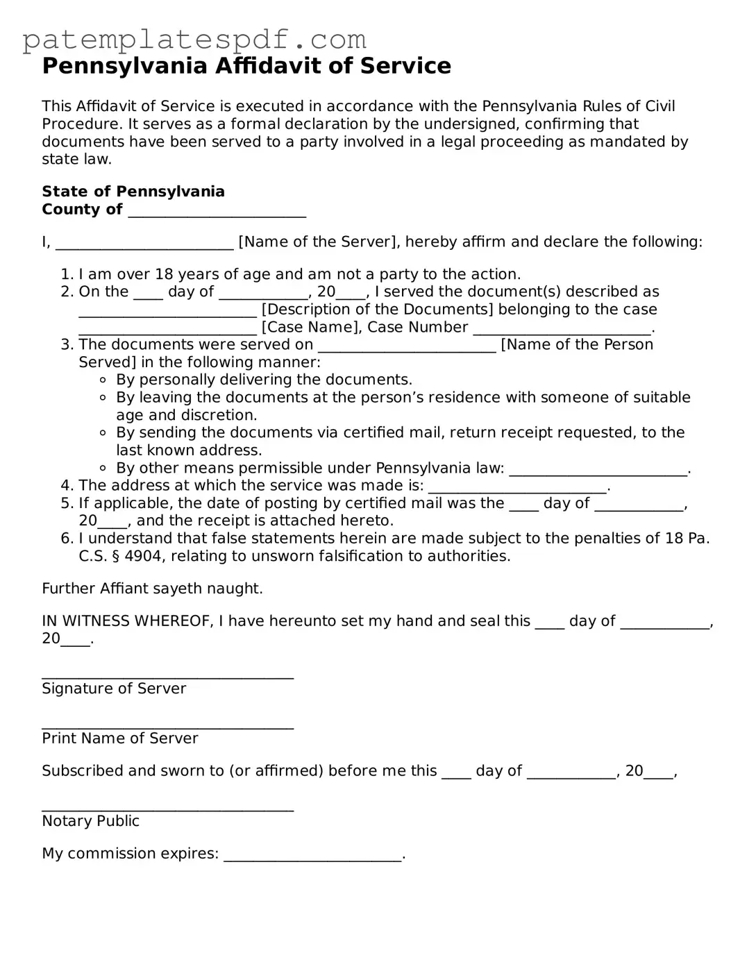 Printable  Affidavit of Service Template for Pennsylvania