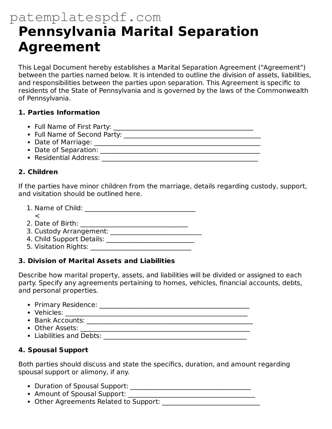 Printable  Marital Separation Agreement Template for Pennsylvania