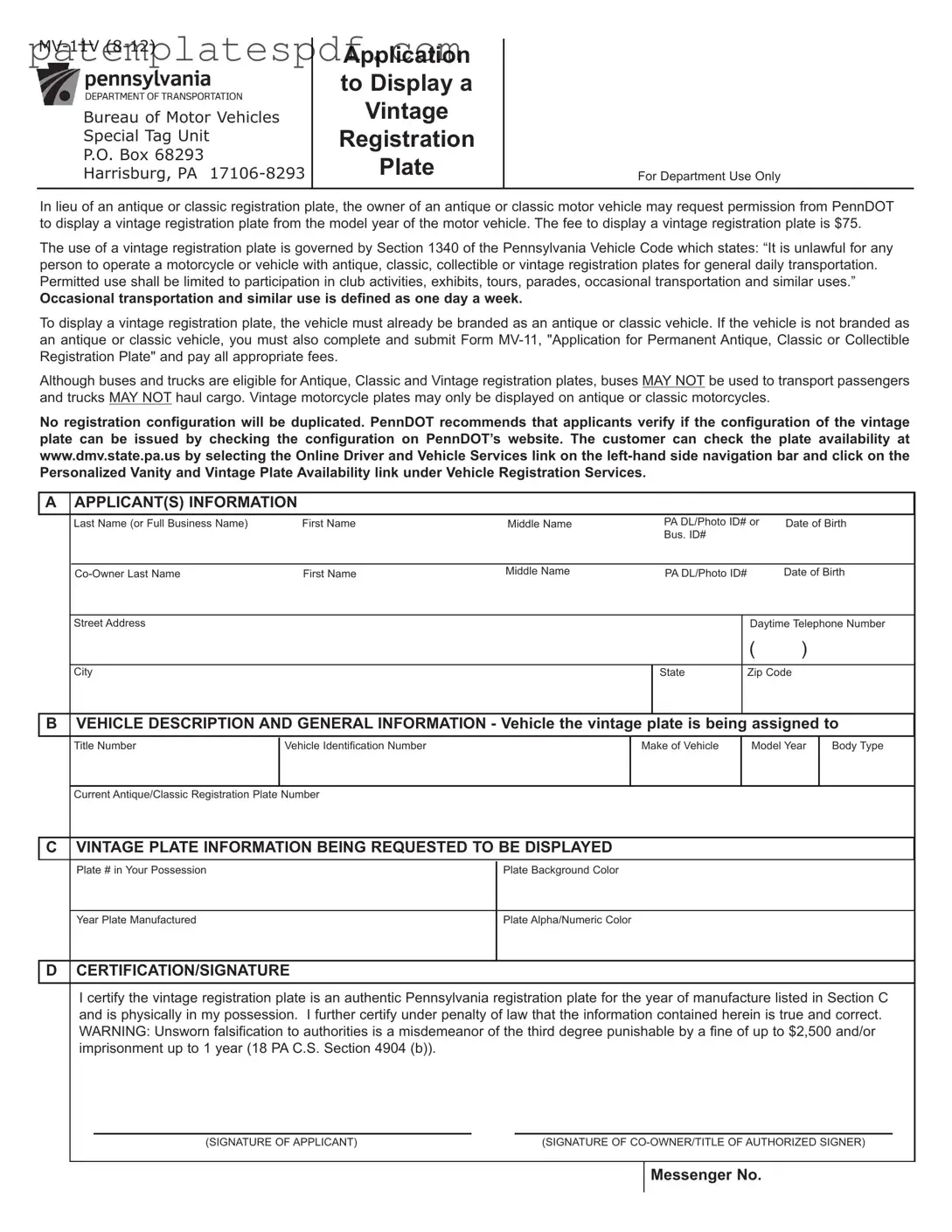 Pennsylvania Mv 11V PDF Form