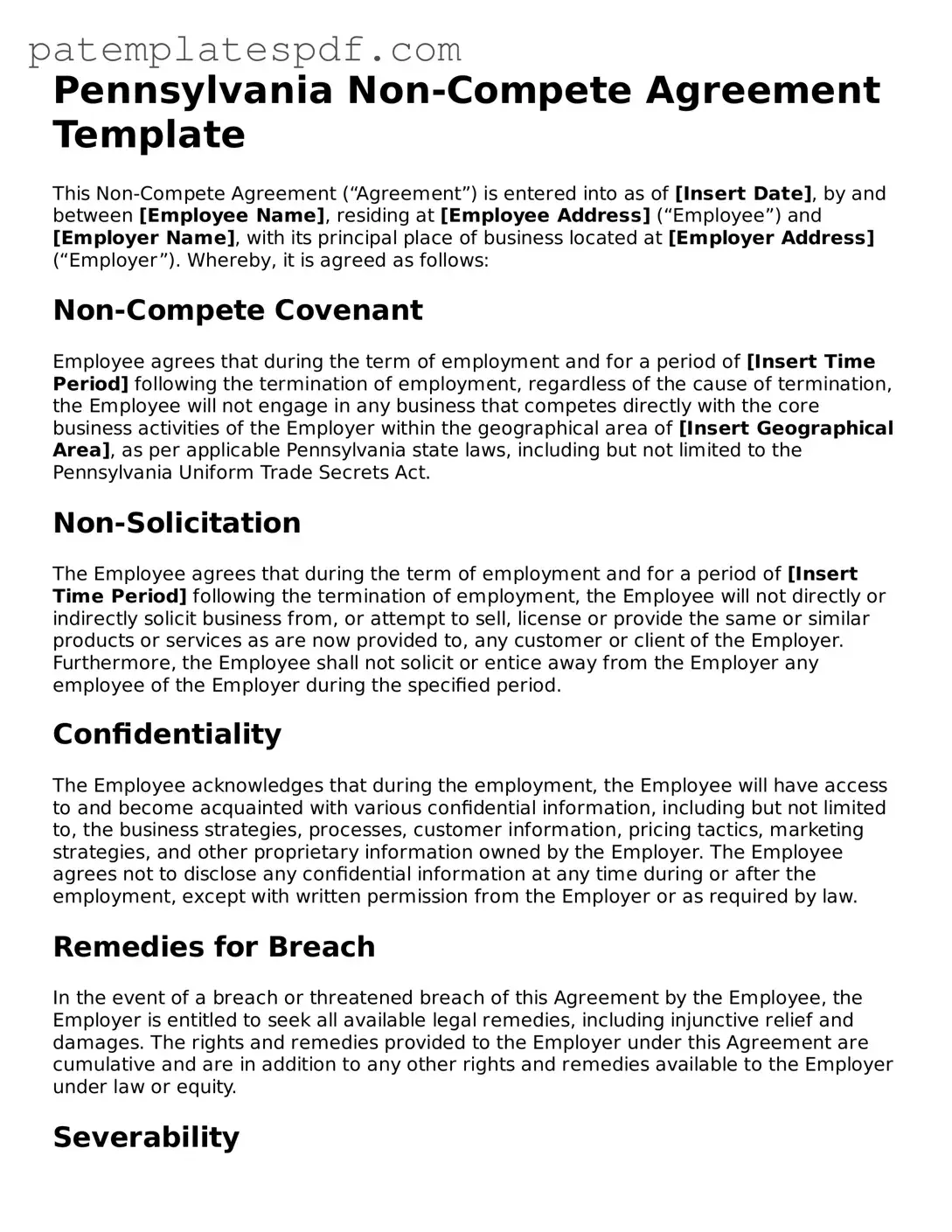 Printable  Non-compete Agreement Template for Pennsylvania