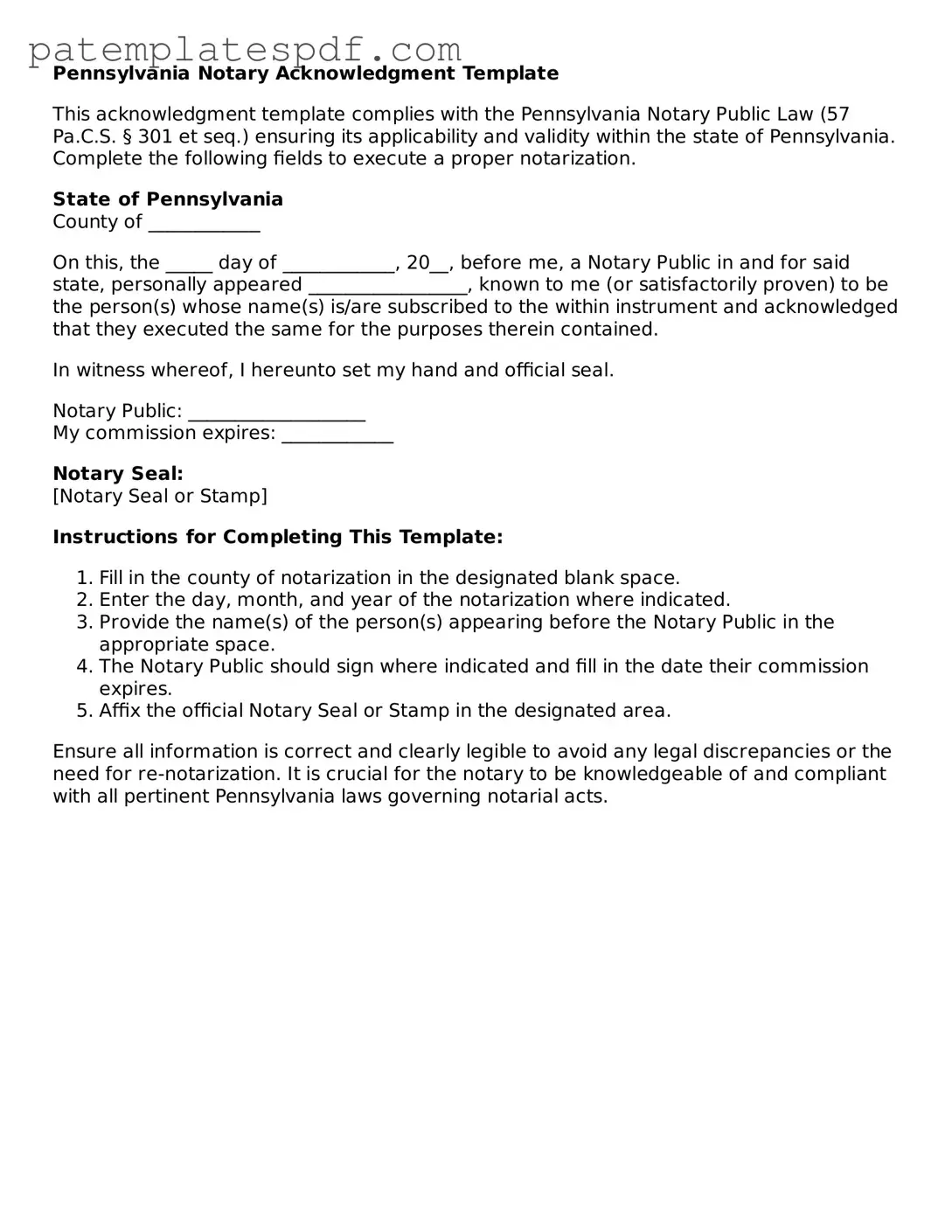Printable  Notary Acknowledgement Template for Pennsylvania