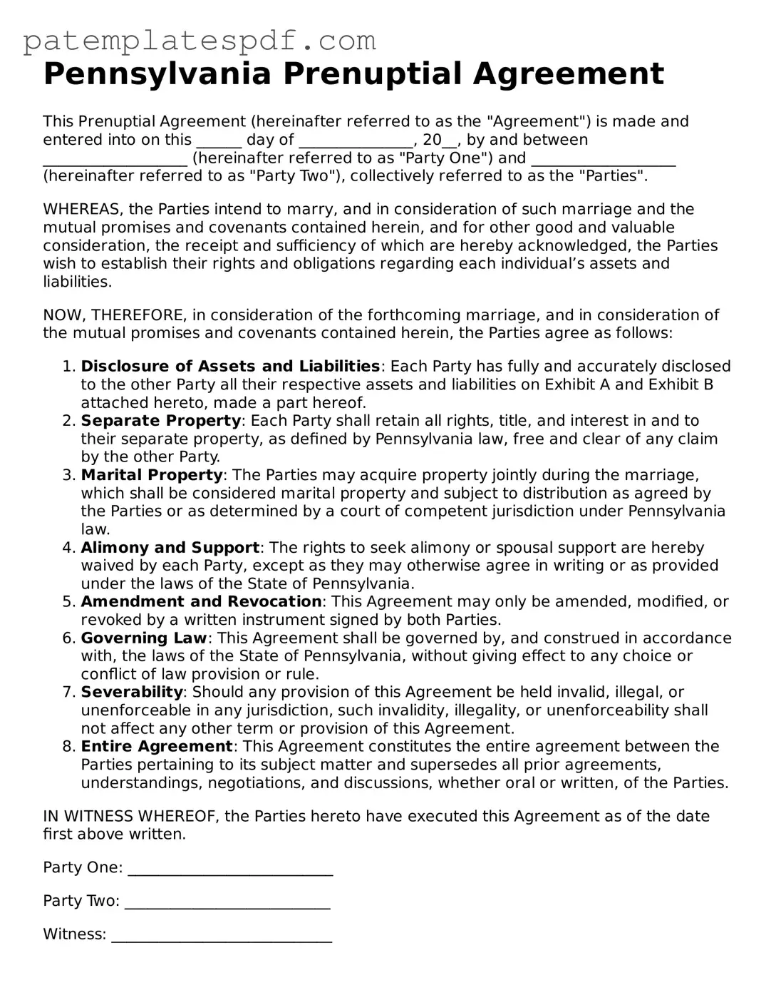 Printable  Prenuptial Agreement Template for Pennsylvania