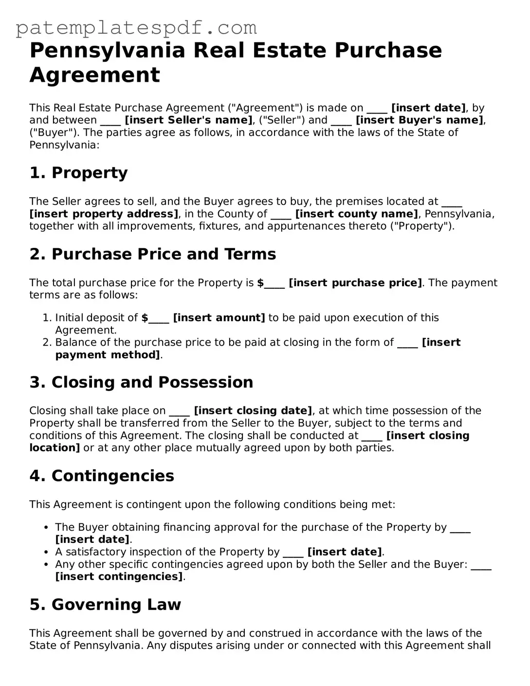Printable  Real Estate Purchase Agreement Template for Pennsylvania