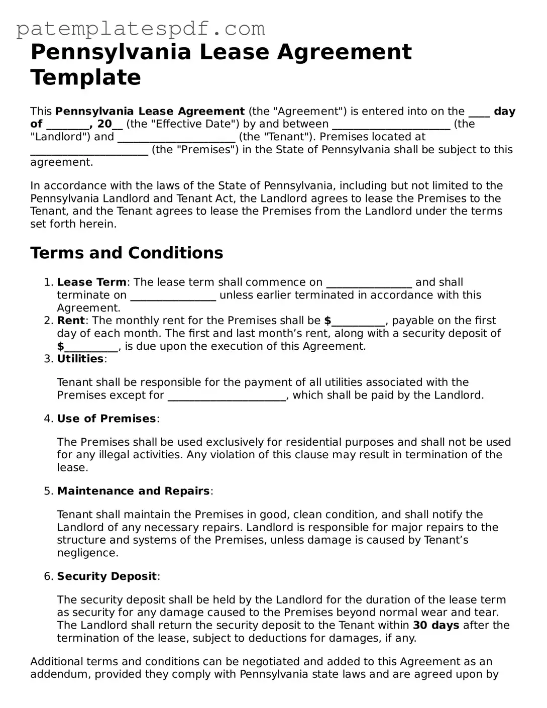Printable  Lease Agreement Template for Pennsylvania