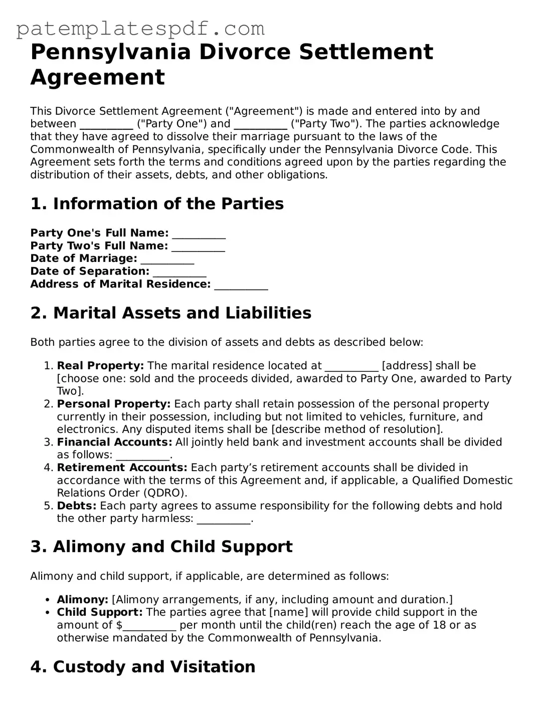 Printable  Divorce Settlement Agreement Template for Pennsylvania