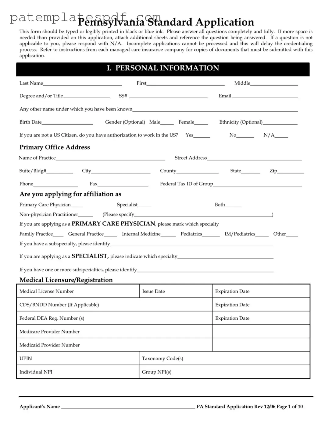 Pennsylvania Standard Application PDF Form