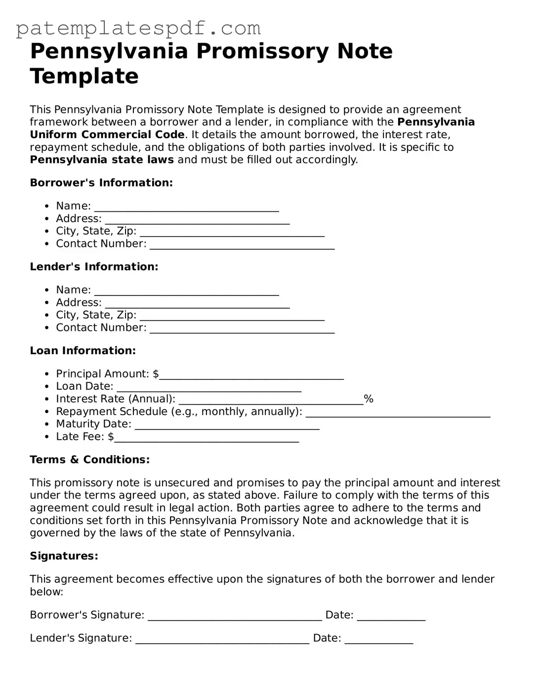Printable  Promissory Note Template for Pennsylvania