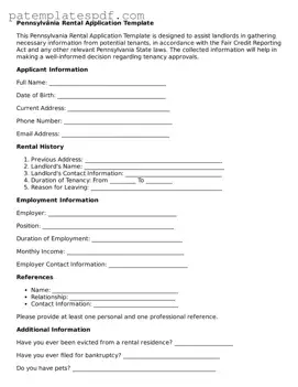 Printable  Rental Application Template for Pennsylvania