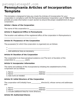 Printable  Articles of Incorporation Template for Pennsylvania