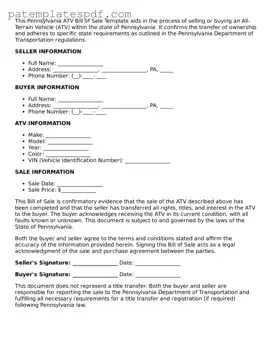 Printable  ATV Bill of Sale Template for Pennsylvania