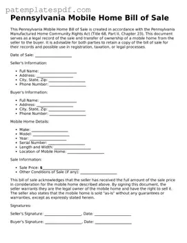 Printable  Mobile Home Bill of Sale Template for Pennsylvania