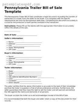 Printable  Trailer Bill of Sale Template for Pennsylvania