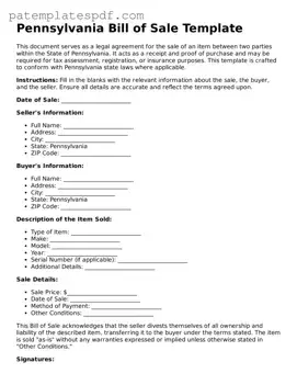 Printable  Bill of Sale Template for Pennsylvania