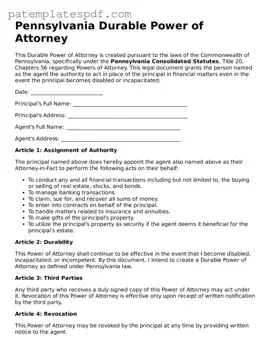 Printable  Durable Power of Attorney Template for Pennsylvania