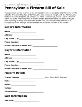 Printable  Firearm Bill of Sale Template for Pennsylvania