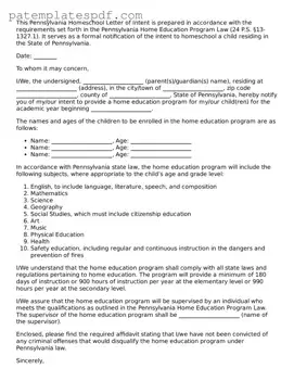 Printable  Homeschool Letter of Intent Template for Pennsylvania