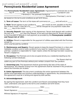 Printable  Residential Lease Agreement Template for Pennsylvania