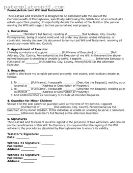 Printable  Last Will and Testament Template for Pennsylvania