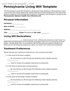 Printable  Living Will Template for Pennsylvania