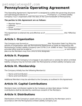 Printable  Operating Agreement Template for Pennsylvania