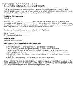 Printable  Notary Acknowledgement Template for Pennsylvania