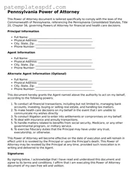 Printable  Power of Attorney Template for Pennsylvania