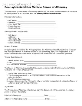 Printable  Motor Vehicle Power of Attorney Template for Pennsylvania