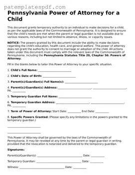 Printable  Power of Attorney for a Child Template for Pennsylvania