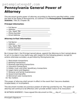 Printable  General Power of Attorney Template for Pennsylvania
