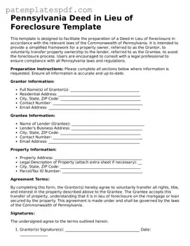 Printable  Deed in Lieu of Foreclosure Template for Pennsylvania