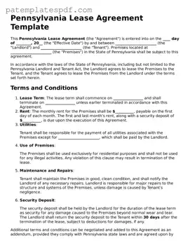 Printable  Lease Agreement Template for Pennsylvania