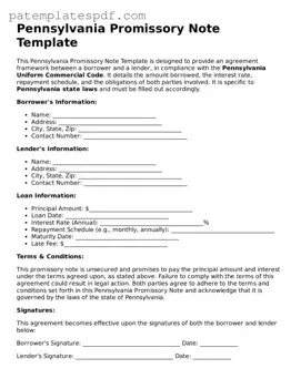 Printable  Promissory Note Template for Pennsylvania
